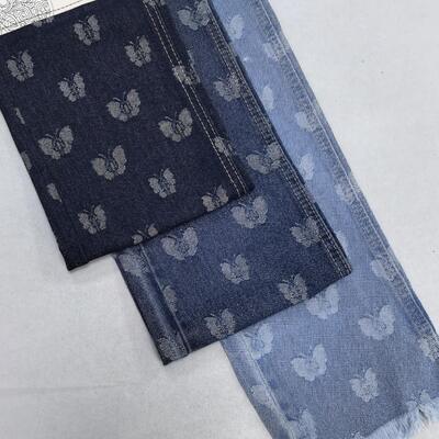 comprar Borboletas Jacquard azul escuro tecido denim algodão poliéster 10 oz para jeans de design especial Fabricação em linha
